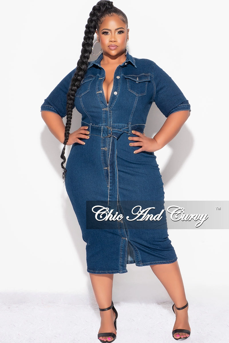 Final Sale Plus Size Collar Button Up Dress with Front Slit in Dark Denim Casual Essentials Structured Hemline
