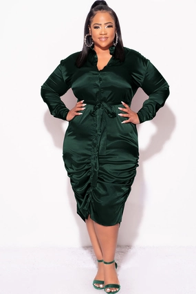Final Sale Plus Size Satin Collar Button Up Dress with Attached Belt and Ruched Bottom in Hunter Green Casual Office Comfy Look