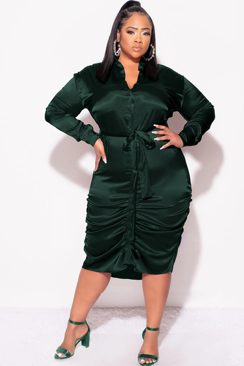 Quick Cool Final Sale Plus Size Satin Collar Button Up Dress with Attached Belt and Ruched Bottom in Hunter Green