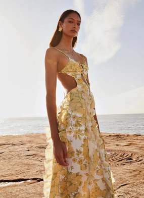 Flattering Fit for All Elegant Outline Sunset Kisses Ruffle Maxi Dress - Daffodil