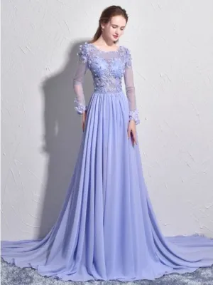 Chiffon See through Floral Lace Top Long Sleeve Lilac Prom Dress Formal Dress