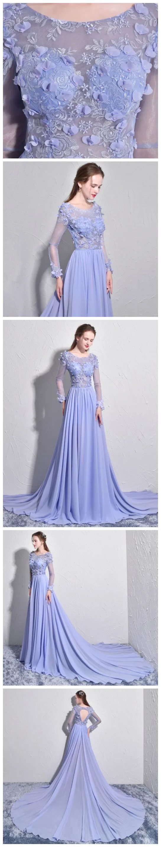 Chiffon See through Floral Lace Top Long Sleeve Lilac Prom Dress Formal Dress