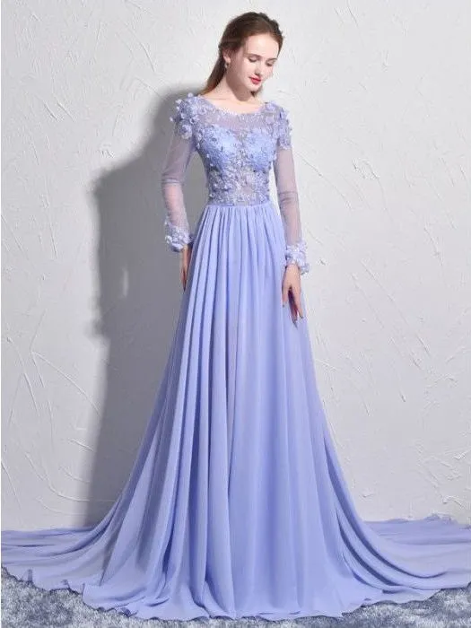 Chiffon See through Floral Lace Top Long Sleeve Lilac Prom Dress Formal Dress