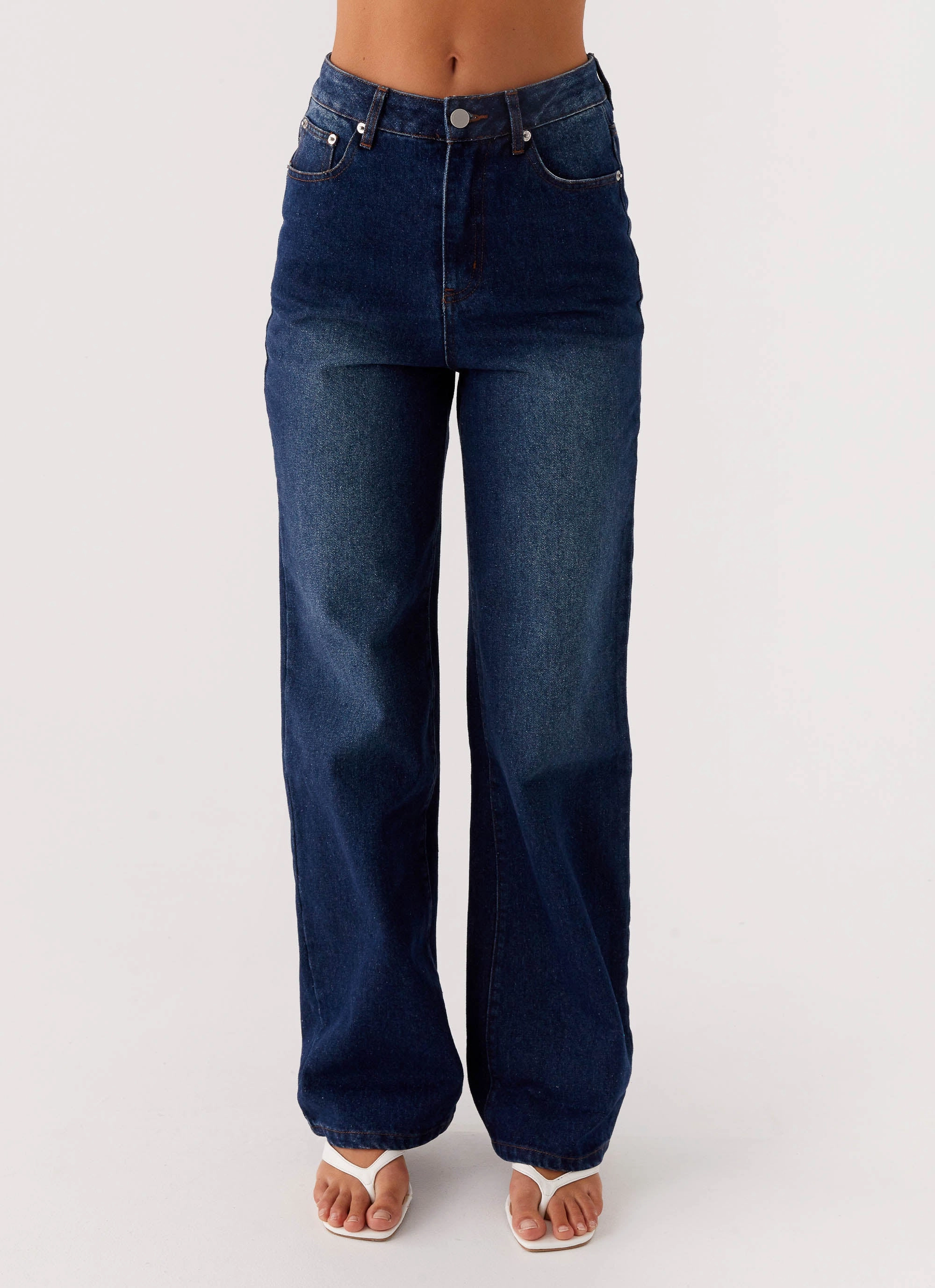 Back Again Straight Leg Denim Jeans - Vintage Blue Soft Texture Bonded Zippers