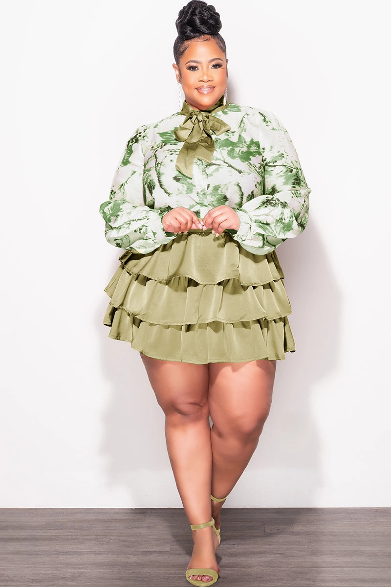 Quick Fit Wear Final Sale Plus Size 2pc Set Button Up Collar Tie Top and Ruffle Layered Hem Mini Skirt in Olive