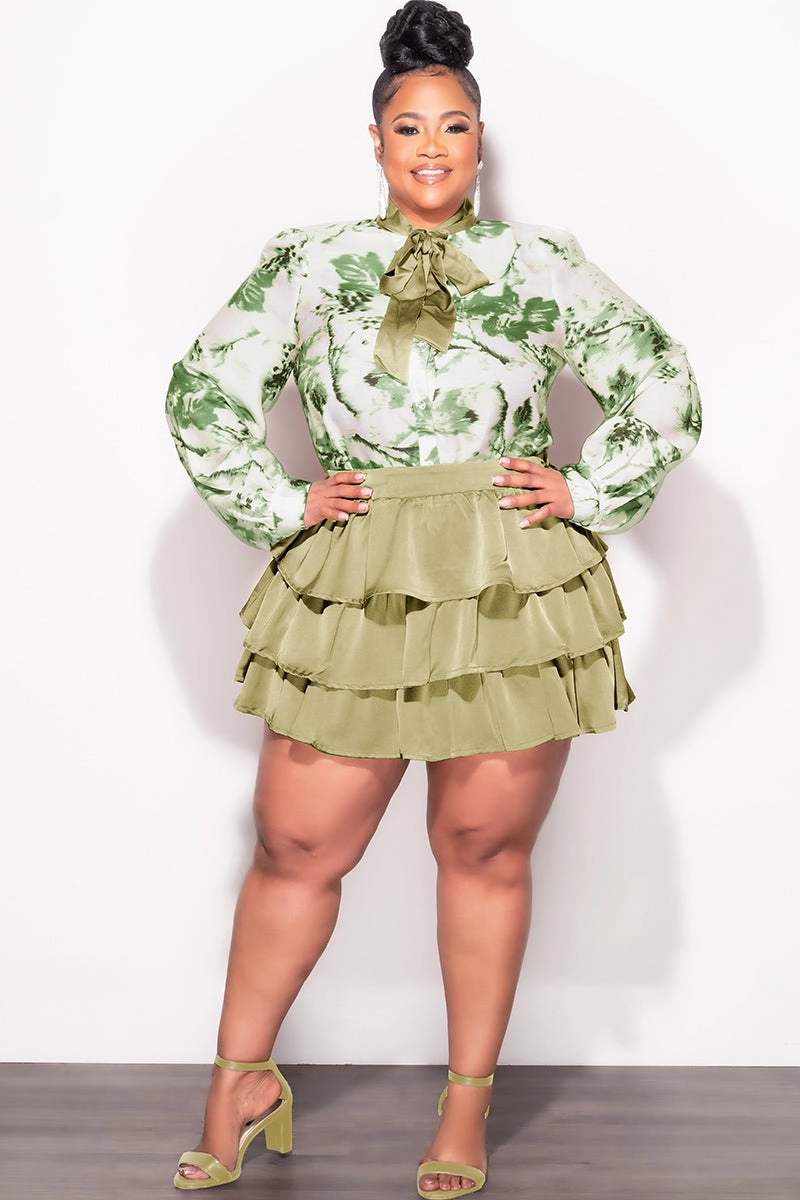 Final Sale Plus Size 2pc Set Button Up Collar Tie Top and Ruffle Layered Hem Mini Skirt in Olive Movement Ready Fit