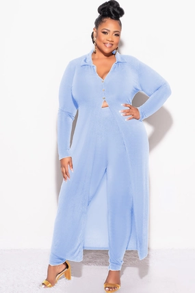 Final Sale Plus Size 2pc Set Duster Top with Front Gold Buttons and Matching Pants in Blue Slinky Fabric Perfectly Relaxed