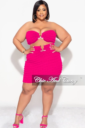 Perfect Stretch Final Sale Plus Size 2pc Honeycomb Texture Strapless Top and Skirt Set in Fuchsia