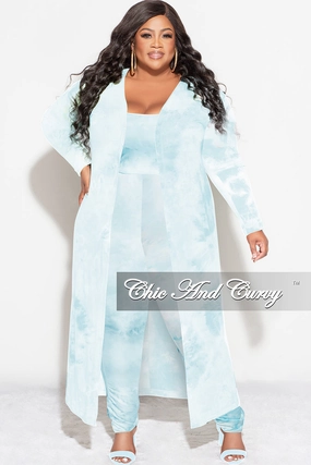 Flexible Comfort Comfort Stretch Final Sale Plus Size 3pc (Duster, Crop Tank Top & Pants) Set in Blue Cloud Print