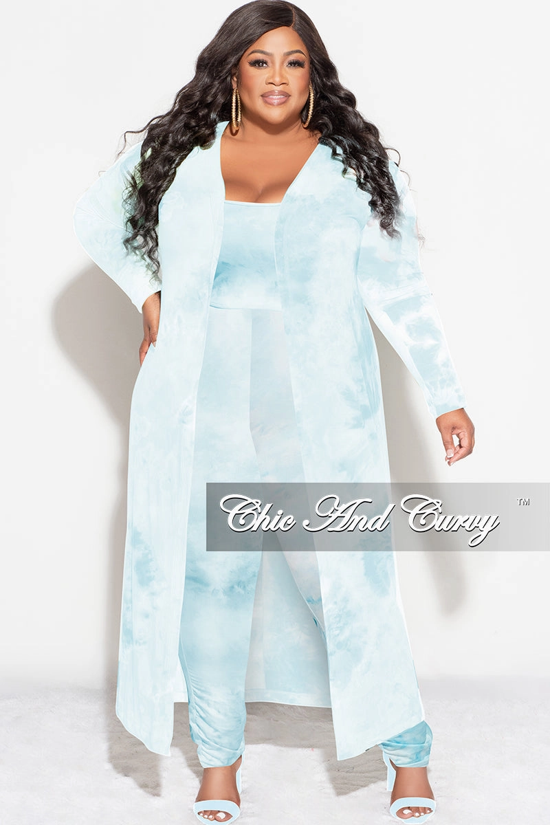 Flexible Comfort Comfort Stretch Final Sale Plus Size 3pc (Duster, Crop Tank Top & Pants) Set in Blue Cloud Print