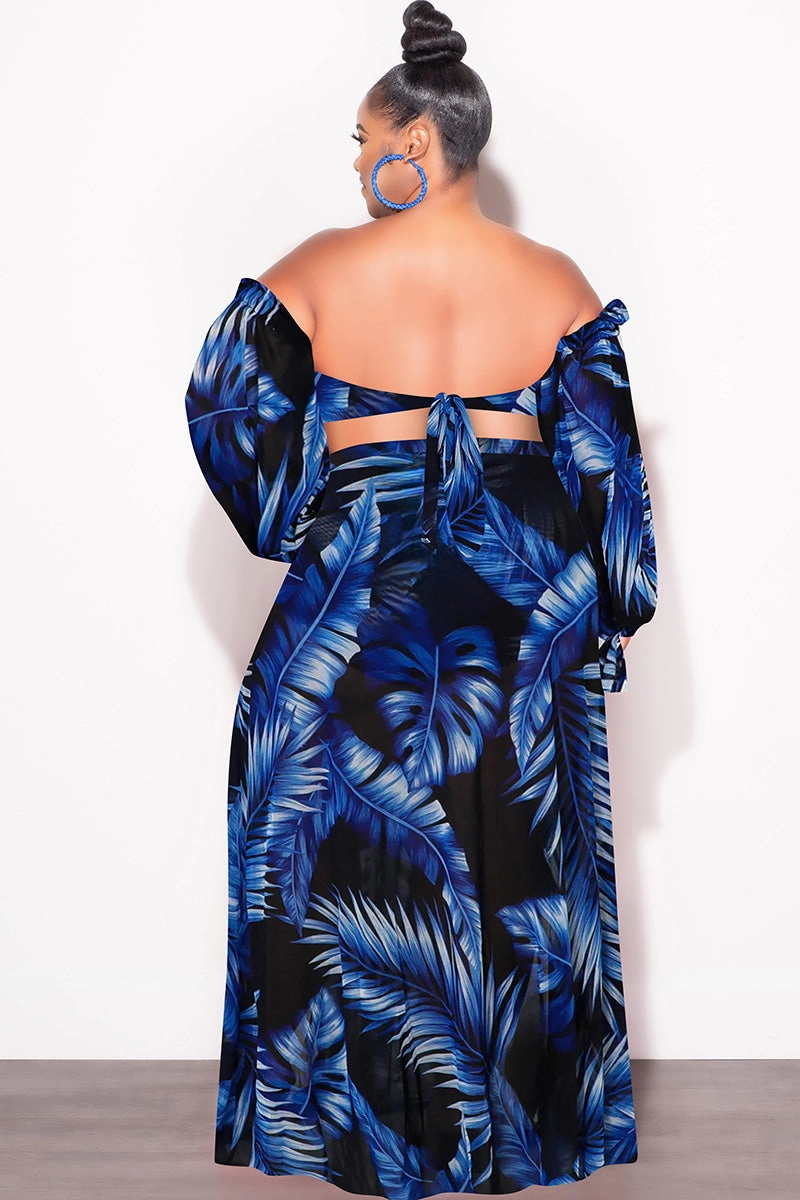 Final Sale Plus Size 3pc Playsuit Set in Royal Blue Tropical Palm Print EcoFriendlyMaterials