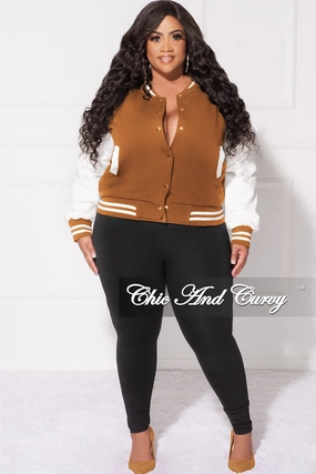 Final Sale Plus Size Varsity Jacket in Mocha and White Light Wear Fit Polyester fabric