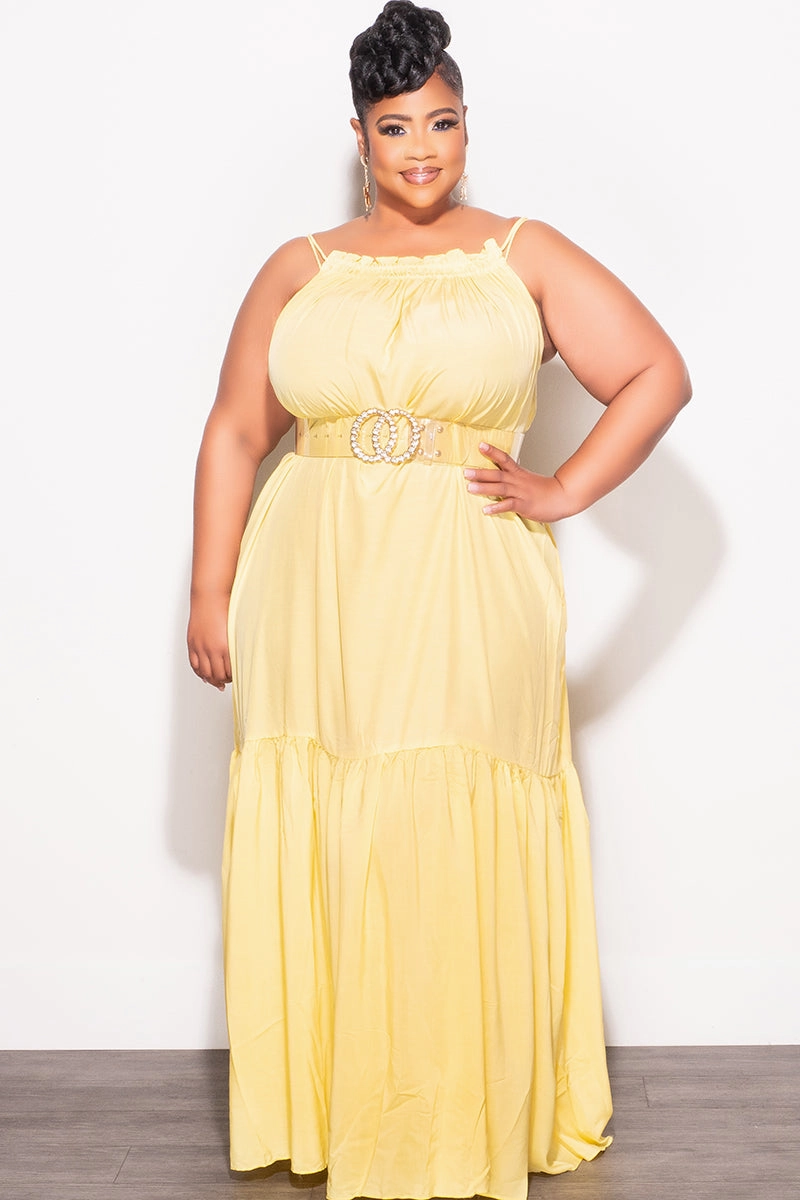 Final Sale Plus Size Sleeveless 1 Tiered Maxi Dress in Yellow Soft Lines Adjustable Drawcord