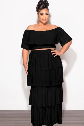 Final Sale Plus Size 2pc Ruffle Tiered Off the Shoulder Crop Top Maxi Skirt Set in Black Tall Length Chilly Day Layers