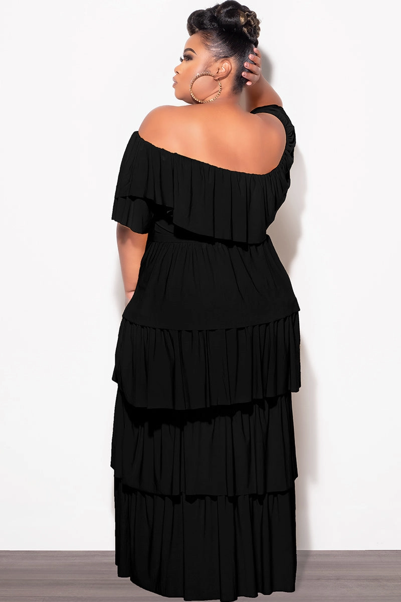 Comfort for All Final Sale Plus Size 2pc Ruffle Tiered Off the Shoulder Crop Top Maxi Skirt Set in Black