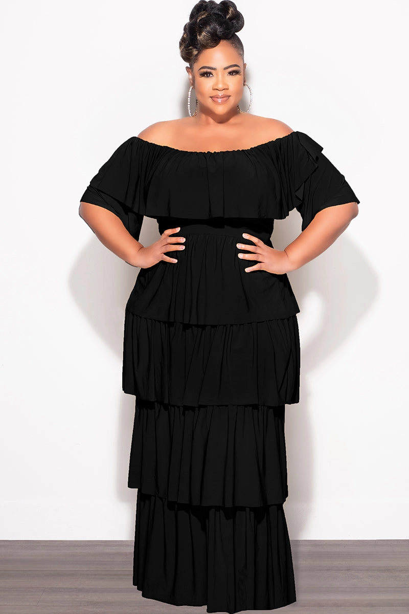 Durable Weave Work Friendly Final Sale Plus Size 2pc Ruffle Tiered Off the Shoulder Crop Top Maxi Skirt Set in Black