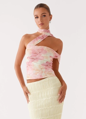 RibbedNeckline Christal Scarf Top - Floral Print