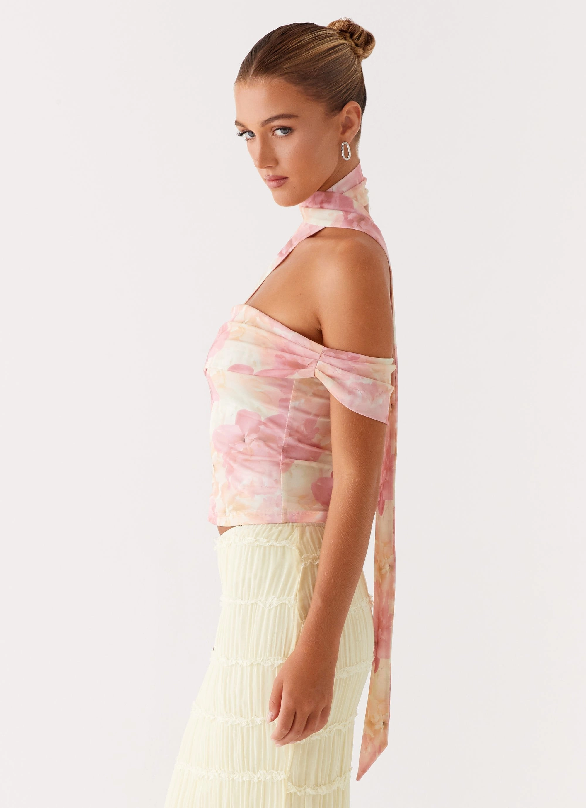 Christal Scarf Top - Floral Print Lightweight Design Metallic Fiber Blend