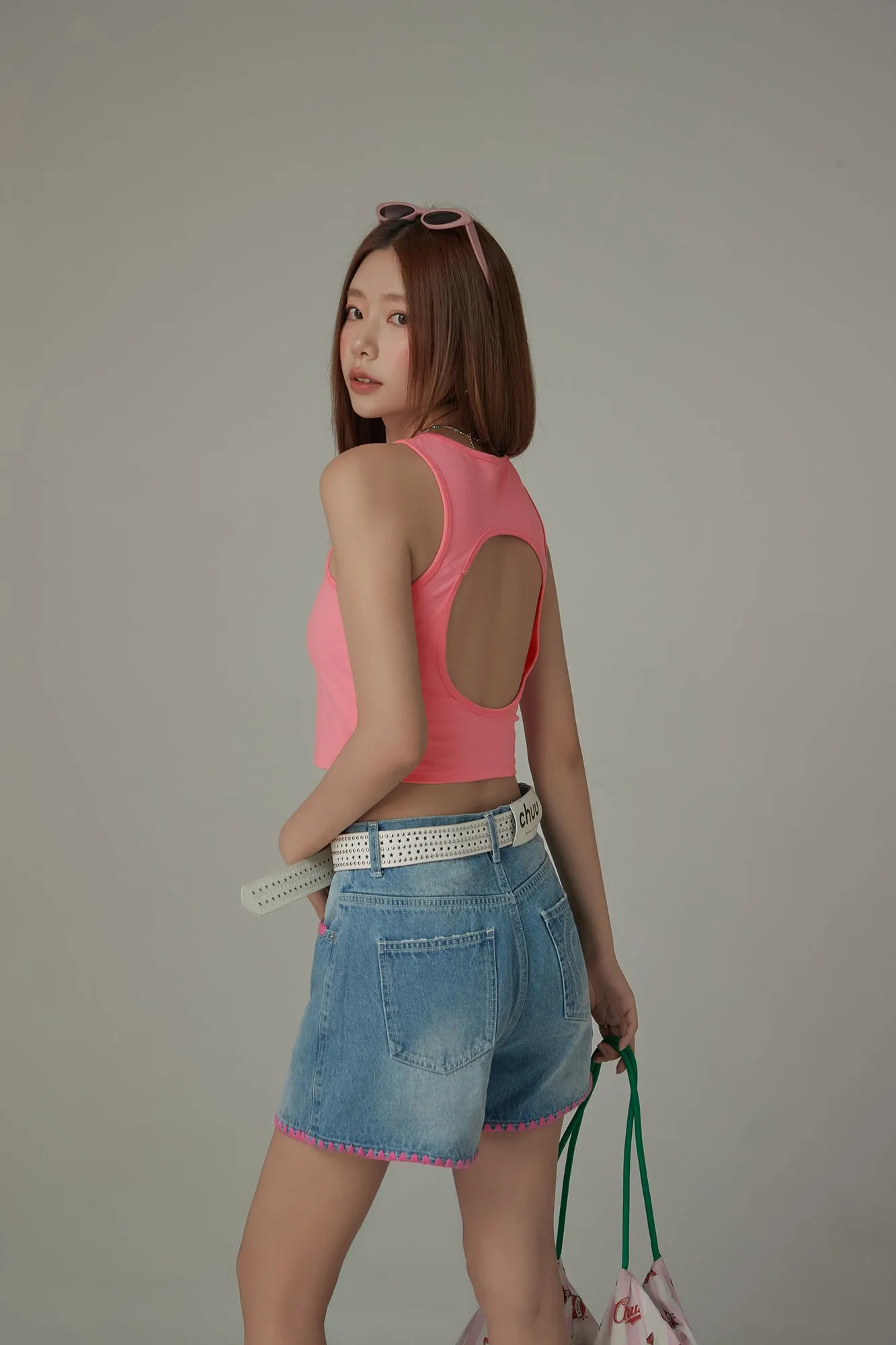 Chuu Cherry Back-Open Sleeveless Crop T-Shirt