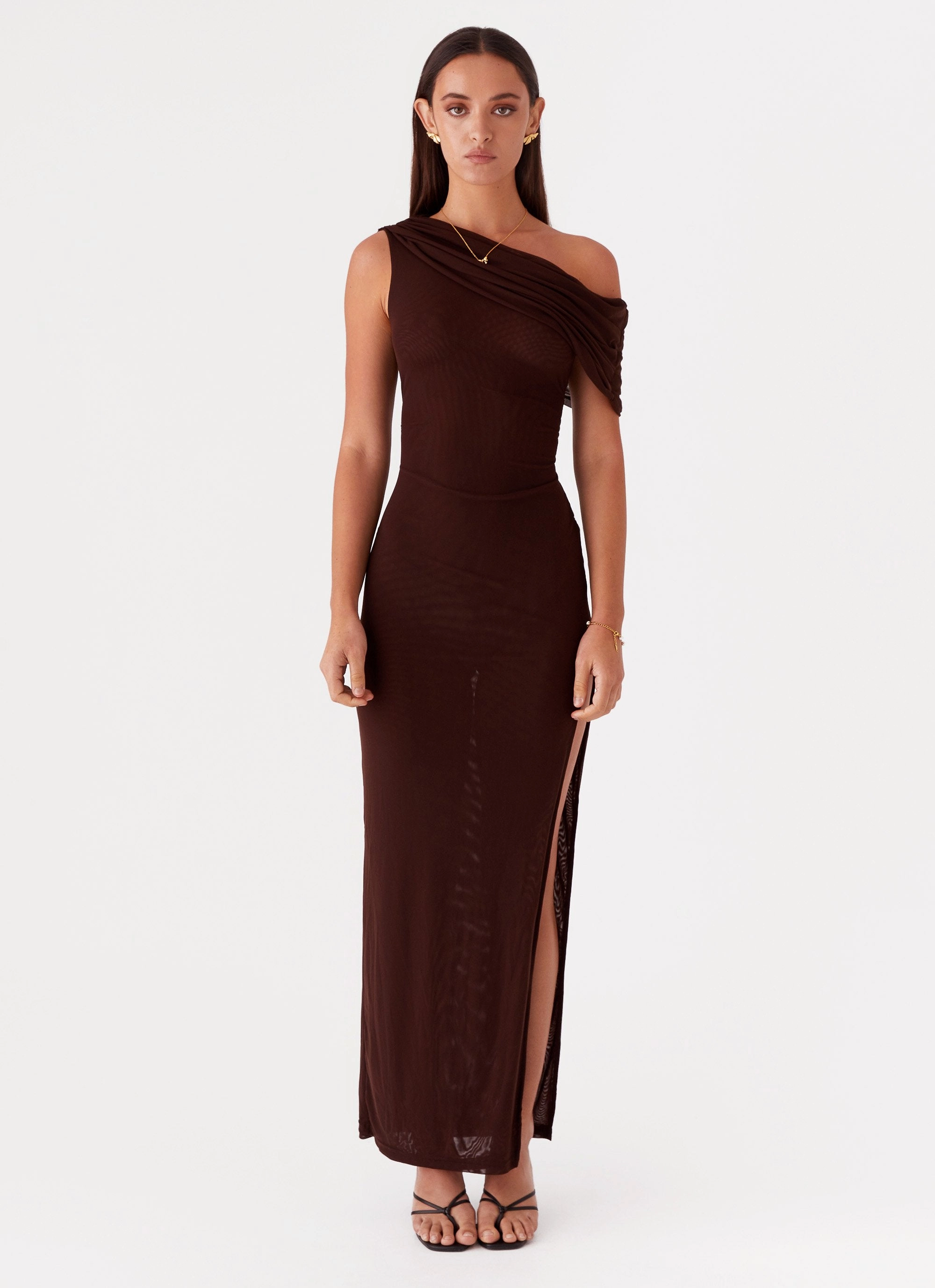 Ciara One Shoulder Draped Maxi Dress - Chocolate Holiday-Party Quick Elegance