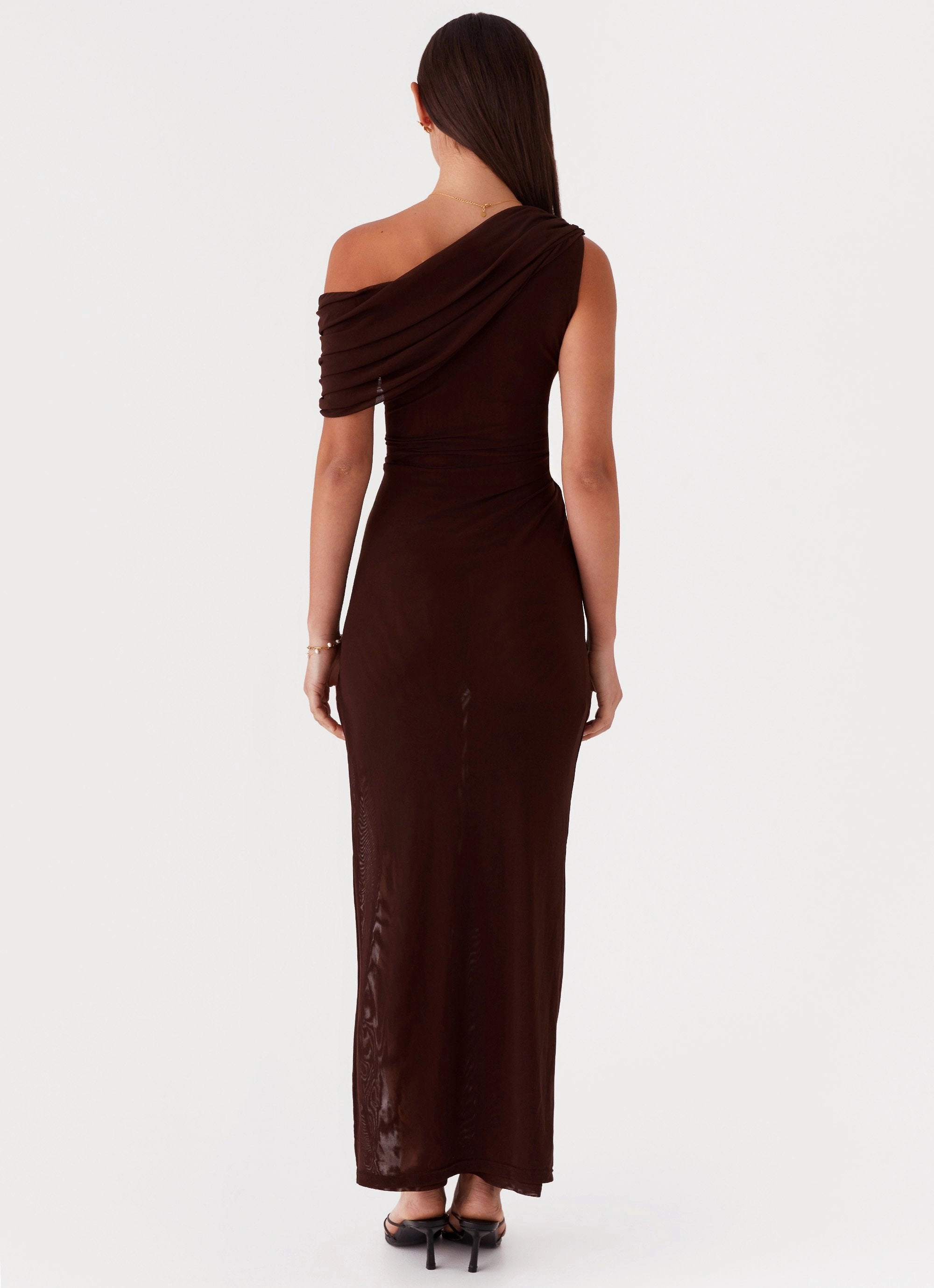 Polished Form Ciara One Shoulder Draped Maxi Dress - Chocolate