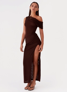 Chic casual Square Neck Ciara One Shoulder Draped Maxi Dress - Chocolate
