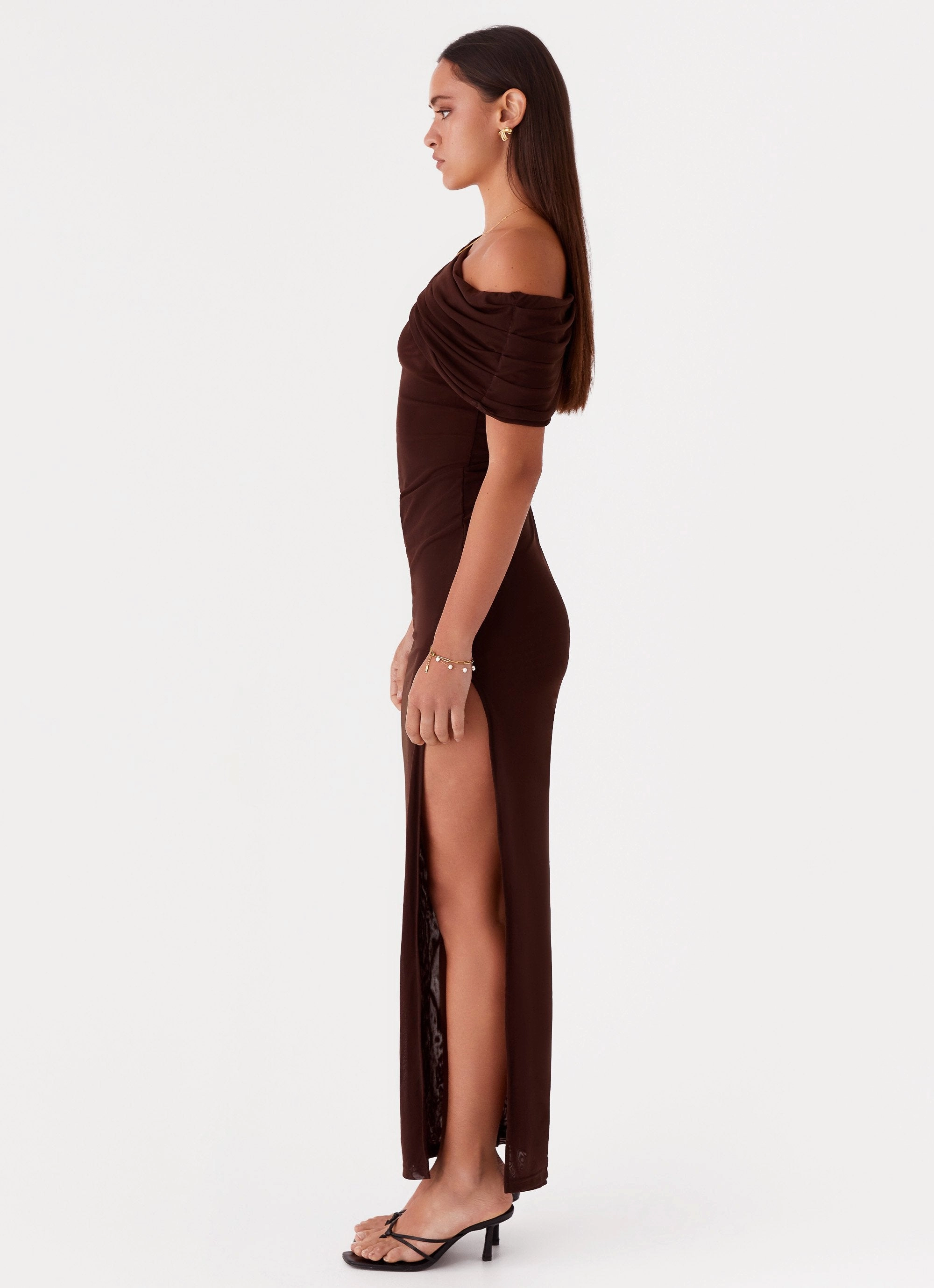 Bold Look Ciara One Shoulder Draped Maxi Dress - Chocolate