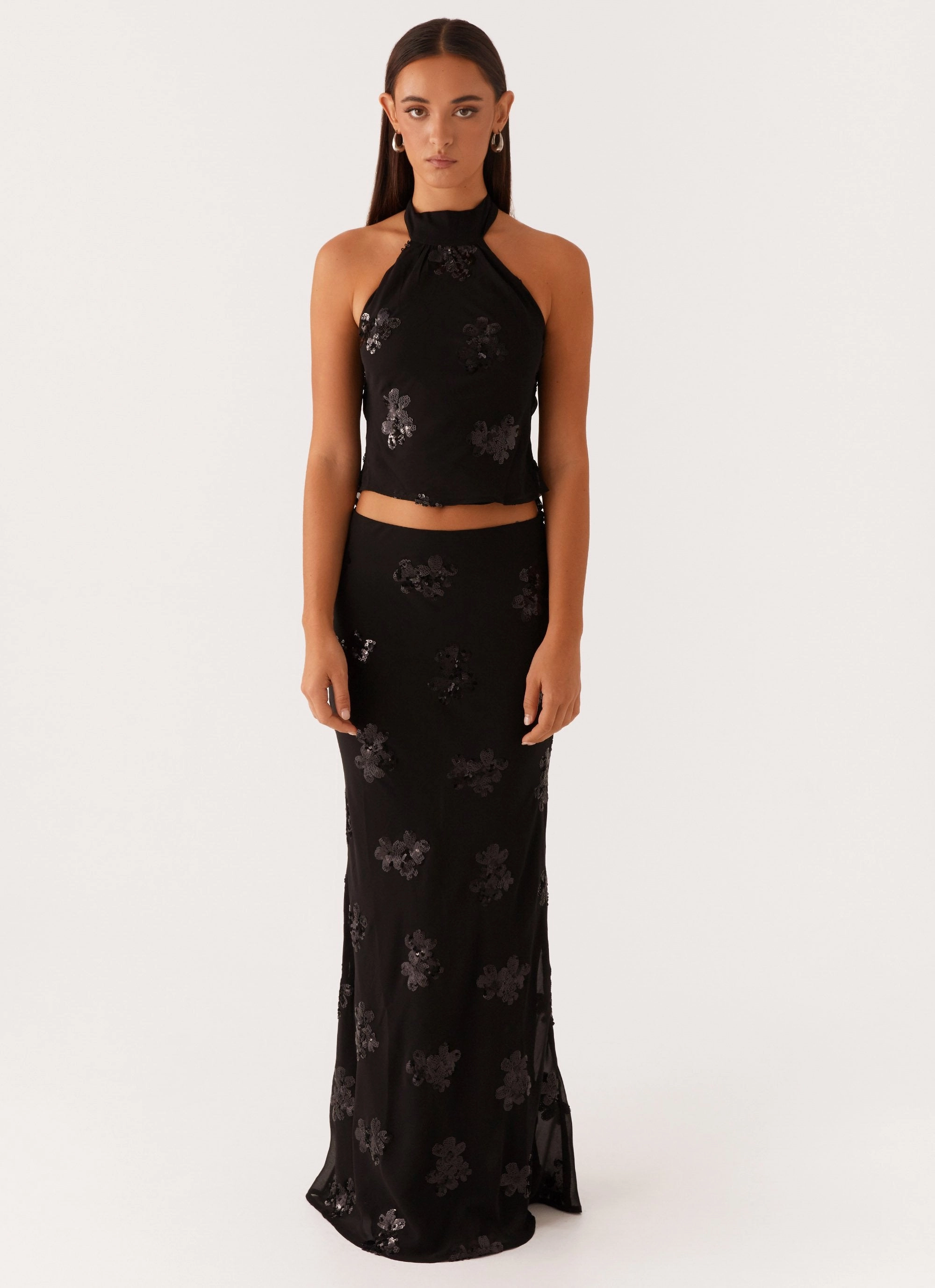 Breathable fabric Easy Care Fabric Cillian Sequin Halter Top - Black
