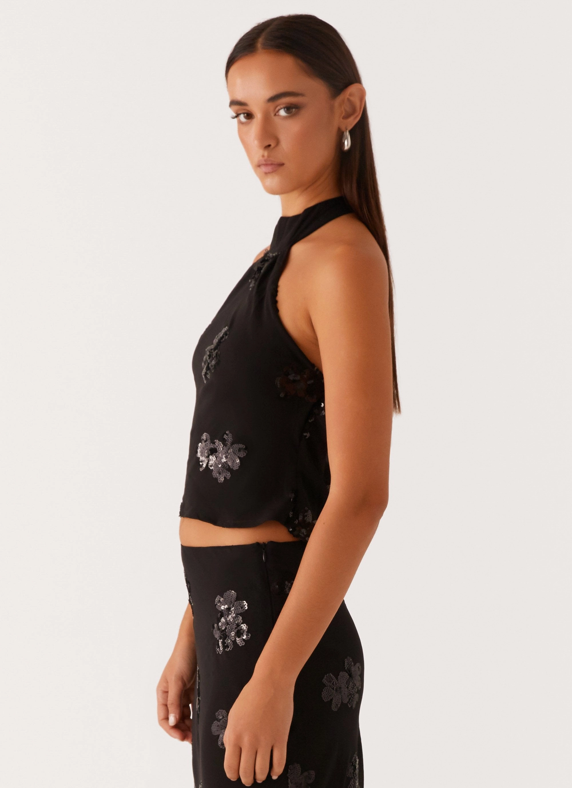 Cillian Sequin Halter Top - Black Compact Thermal Insulation DoubleStitched Hem