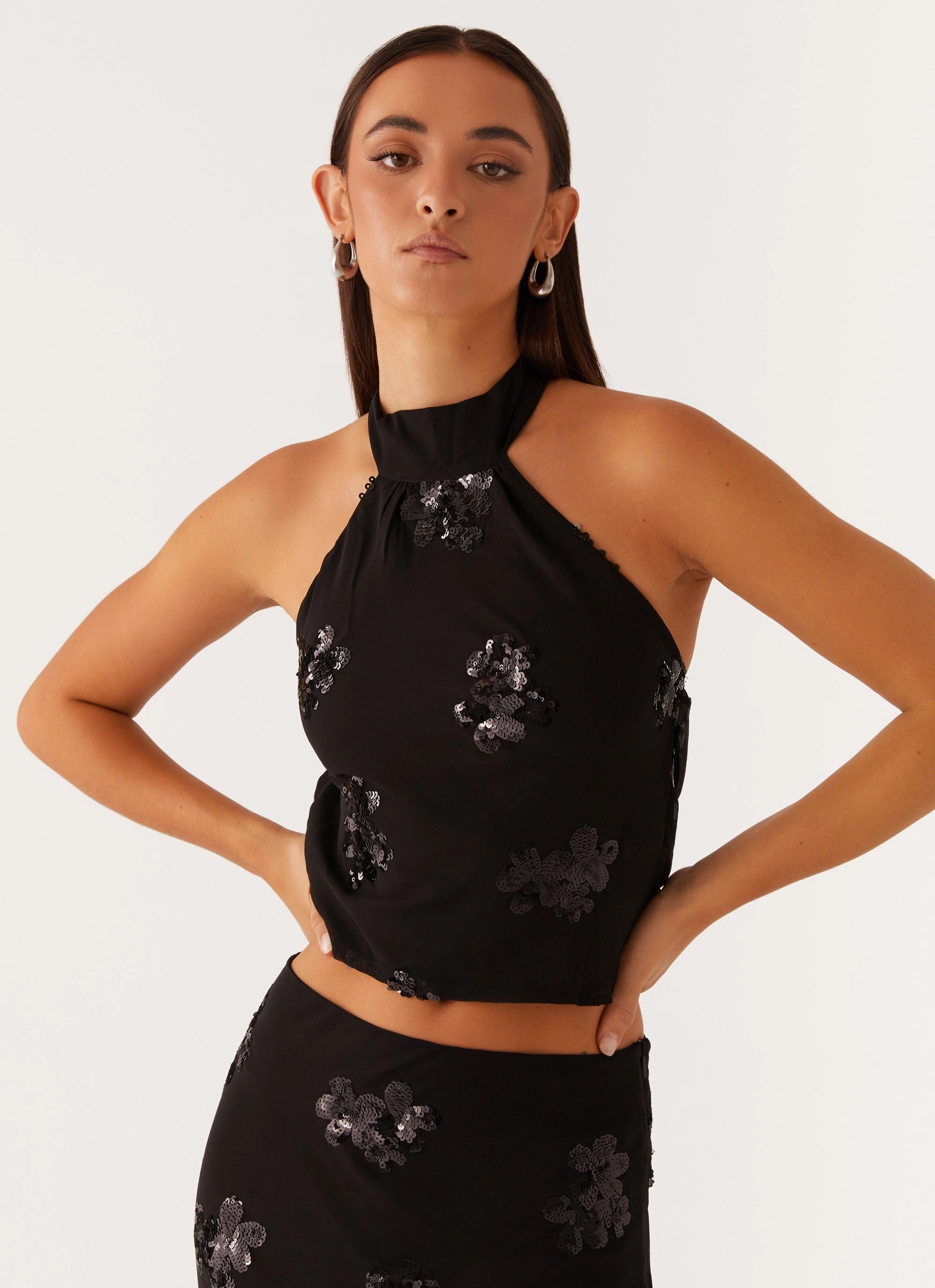 Cillian Sequin Halter Top - Black Layered Neckline SheerLayering