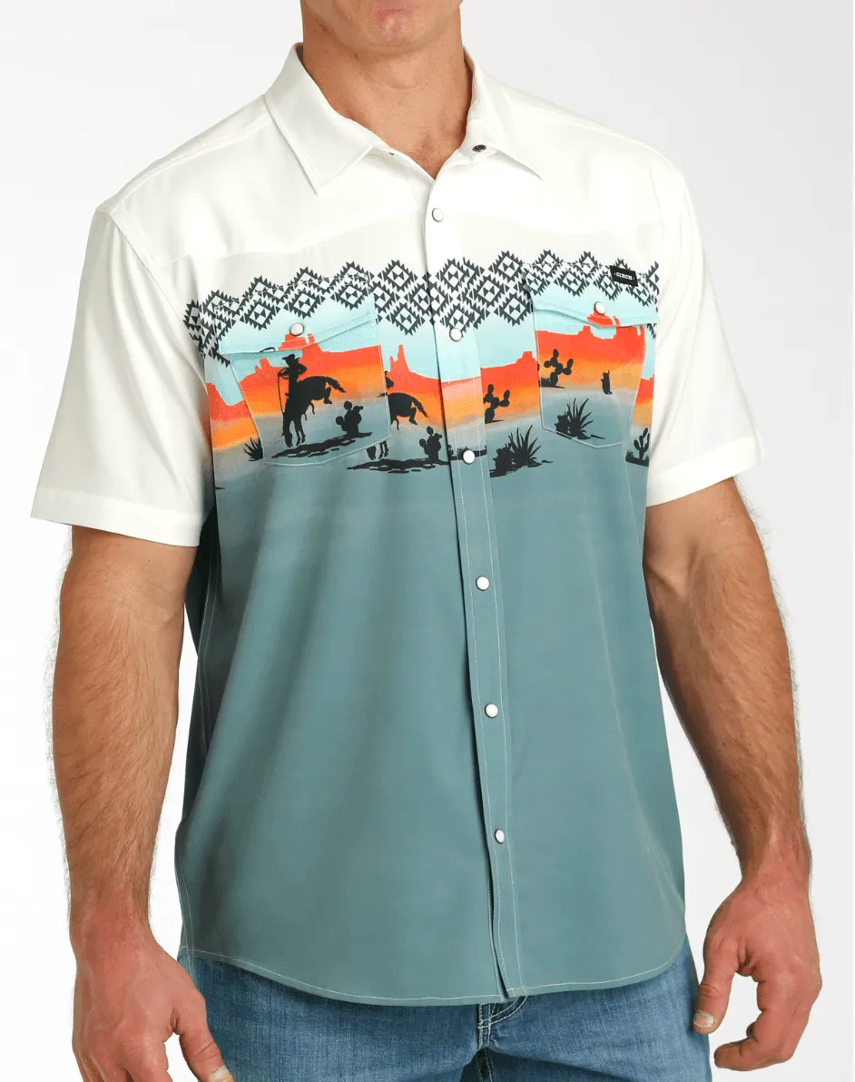 Cinch Men's Cream & Blue Horse Rider Camp Short Sleeve Shirt MTW1402004