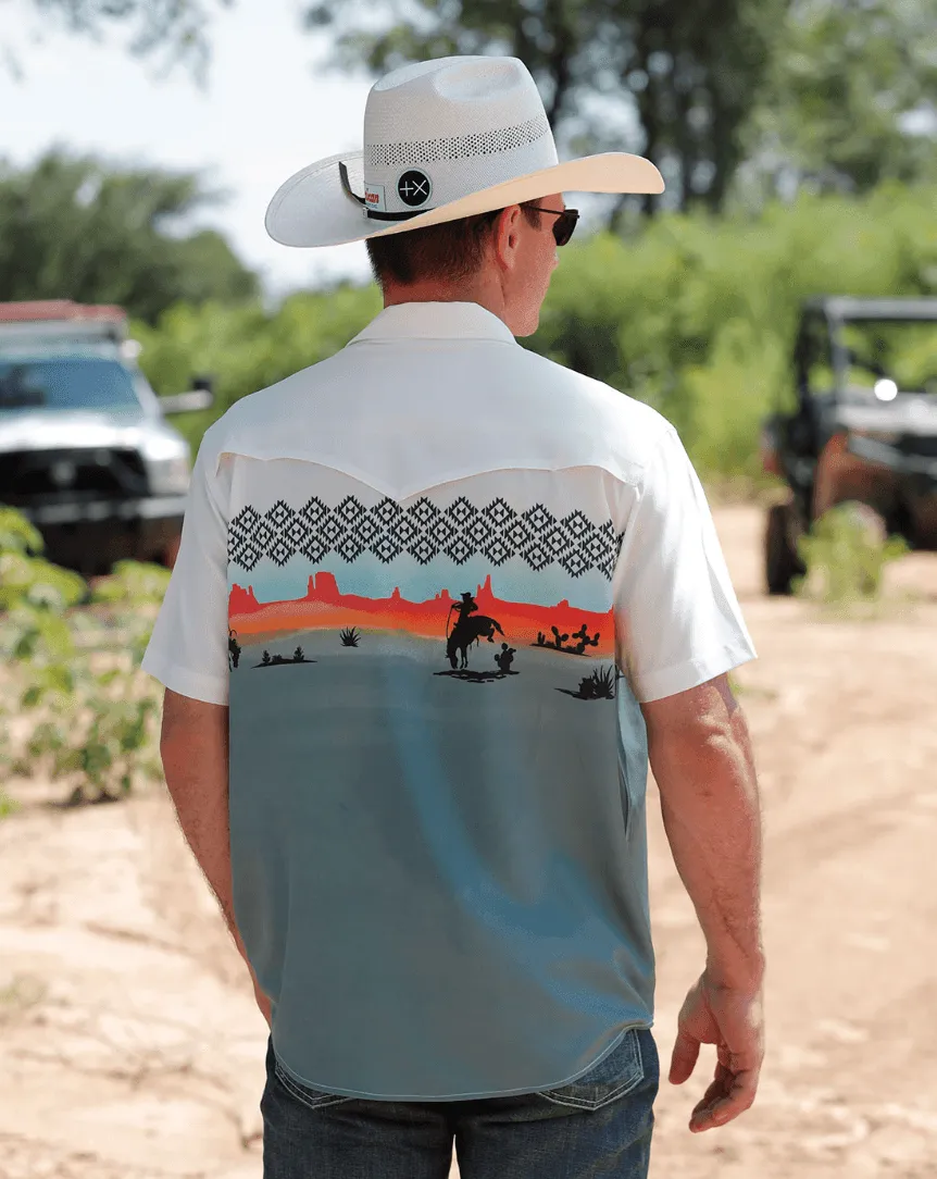 Cinch Men's Cream & Blue Horse Rider Camp Short Sleeve Shirt MTW1402004