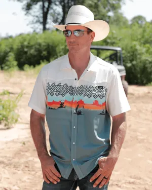 Cinch Men's Cream & Blue Horse Rider Camp Short Sleeve Shirt MTW1402004 Cinch Men's Cream & Blue Horse Rider Camp Short Sleeve Shirt MTW1402004