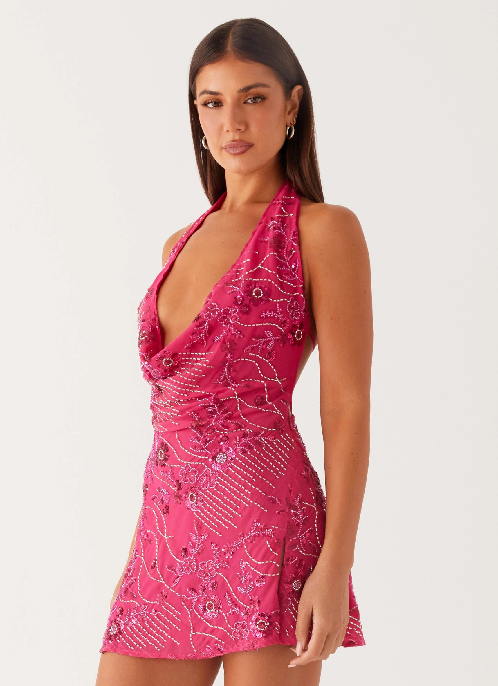 Light Sheen Cinzia Beaded Mini Dress - Fuchsia
