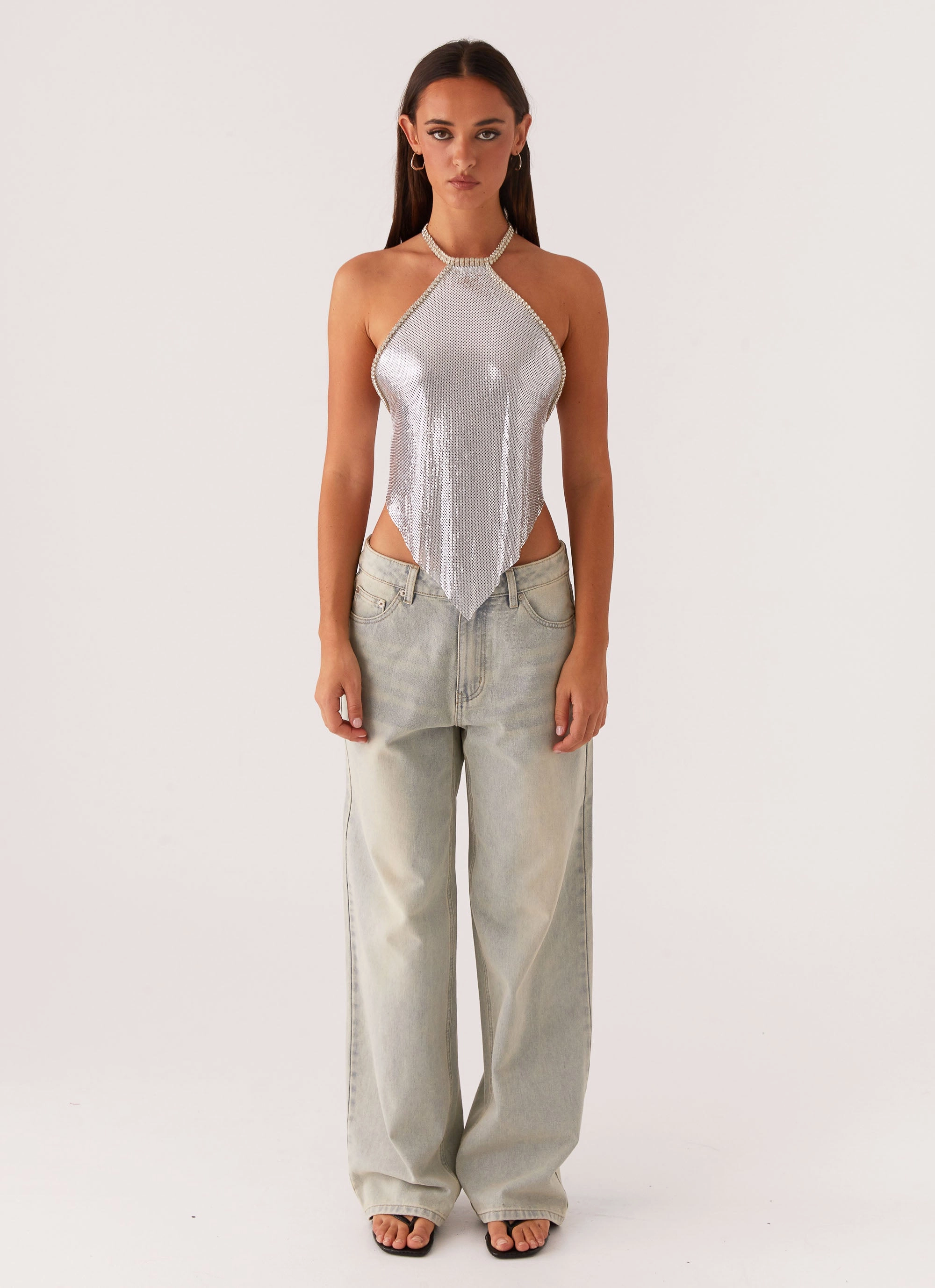 Wrinkle Resistant Finish Celebrate Halterneck Chainmail Top - Silver