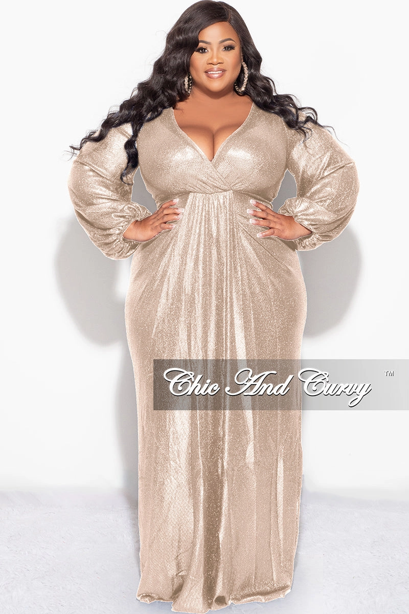 Final Sale Plus Size Faux Wrap Gown with Pleated Waist & Balloon Sleeves in Gold Metallic Lux Fabric BuiltInLayer Garment Washed Softness