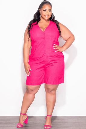 Final Sale Plus Size 2pc Sleeveless Linen Blazer Vest Short Set in Fuchsia Pink Non Binding Waist