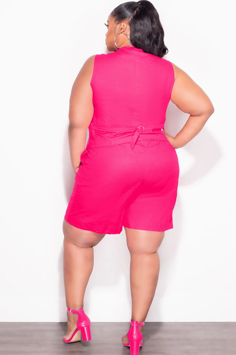 Final Sale Plus Size 2pc Sleeveless Linen Blazer Vest Short Set in Fuchsia Pink Tough Flex WrinkleFreeFabric