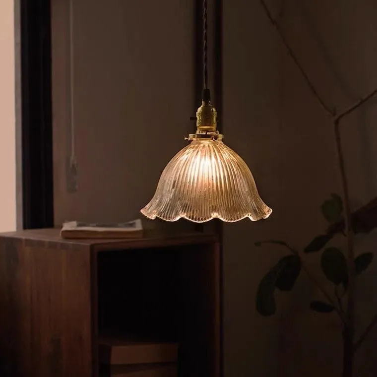 Classic Fluted Glass Flower Pendant LED Light in French Vintage Style - Bulb Included