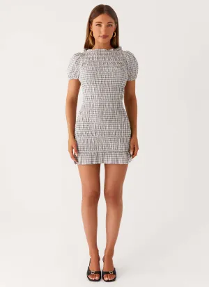 Soft Hue Millicent Ruched Mini Dress - Grey Check
