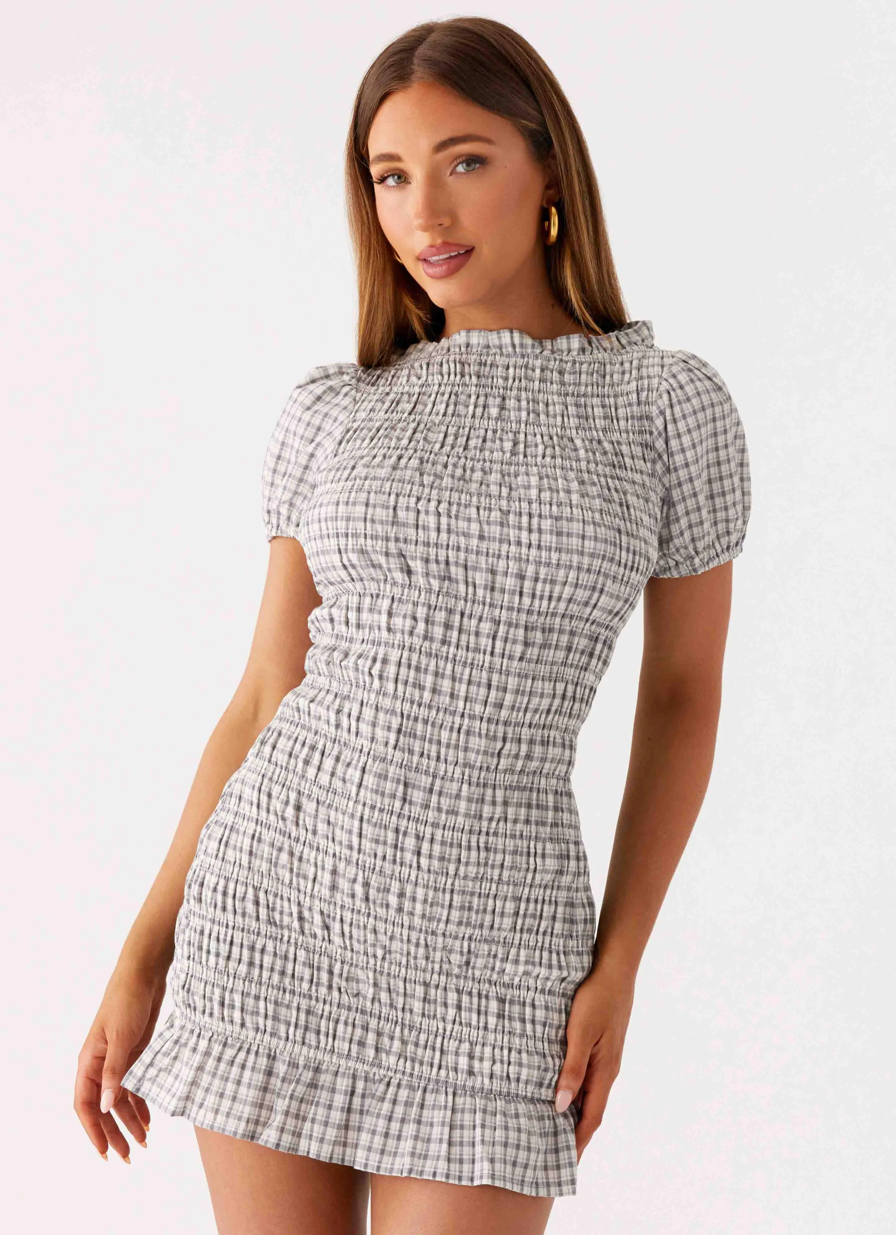 Millicent Ruched Mini Dress - Grey Check Low Key