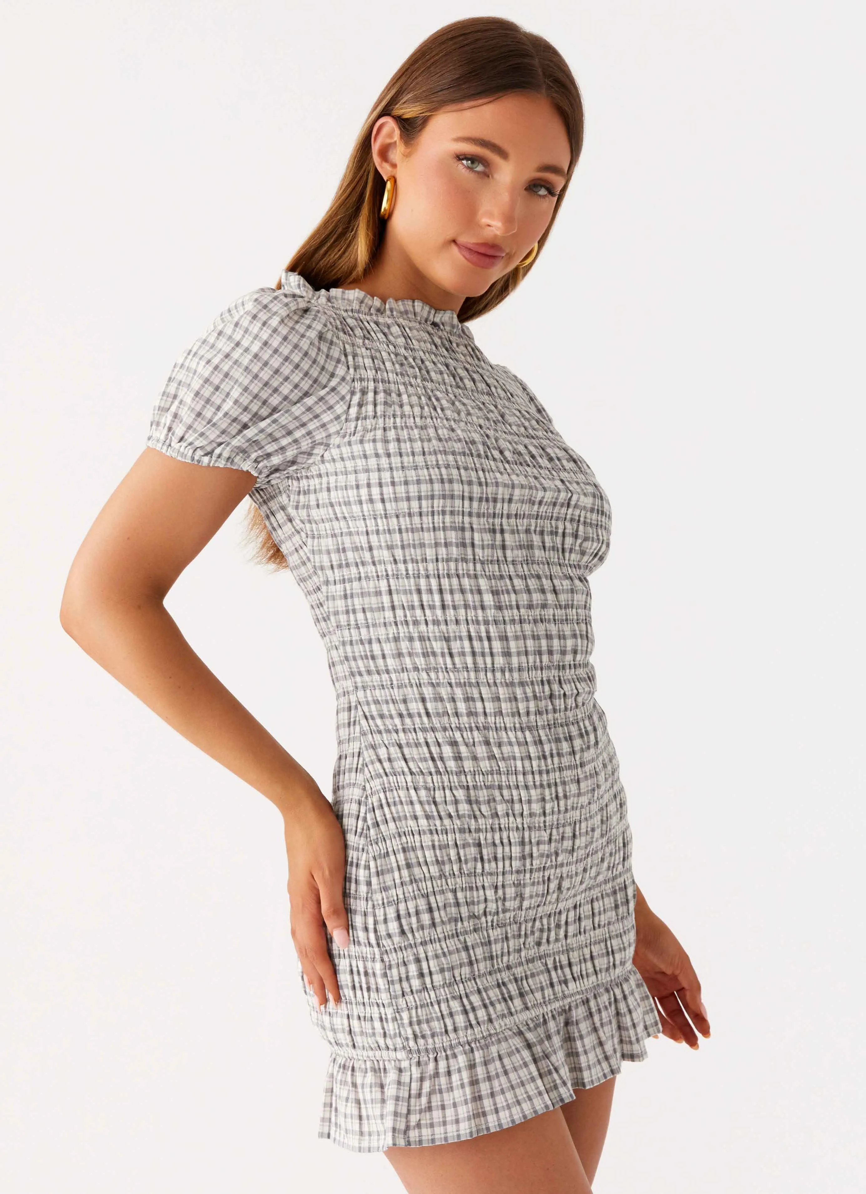Millicent Ruched Mini Dress - Grey Check Calm Texture Body Ease