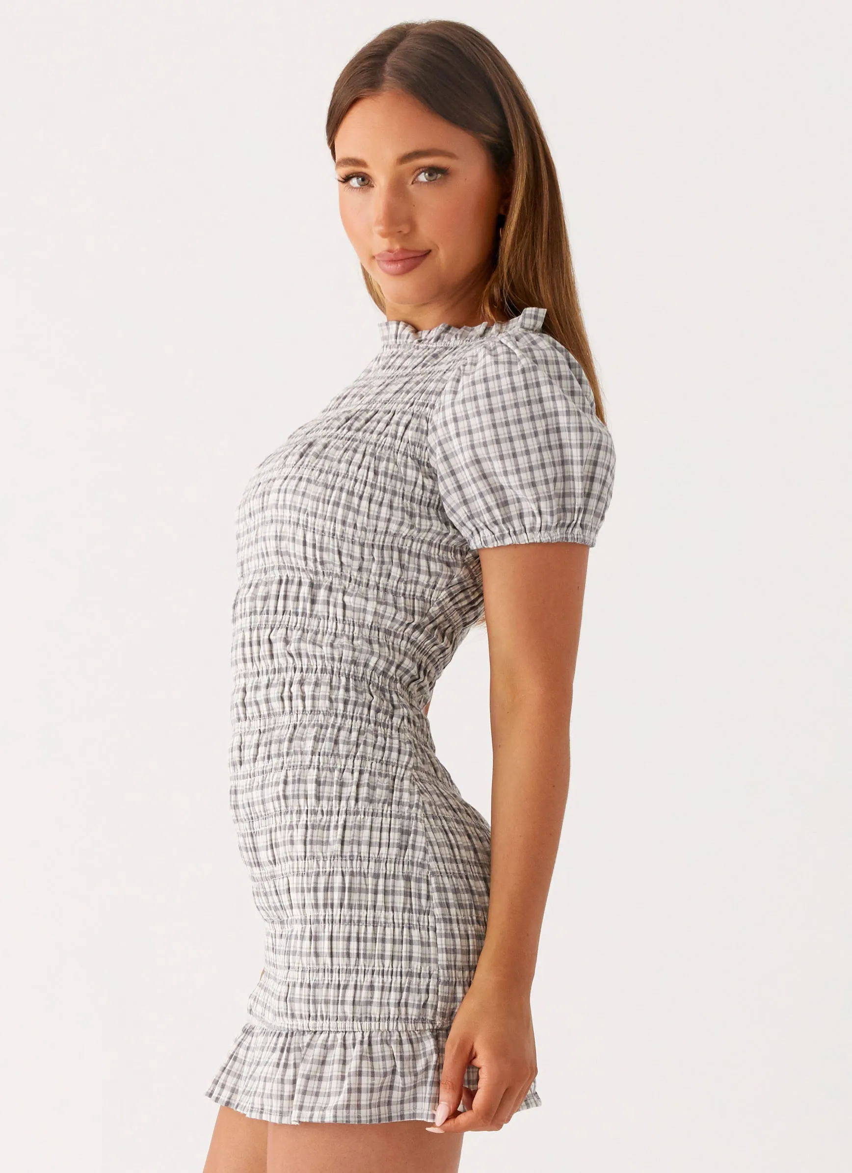 Lounge Moment Minimalist Style Millicent Ruched Mini Dress - Grey Check