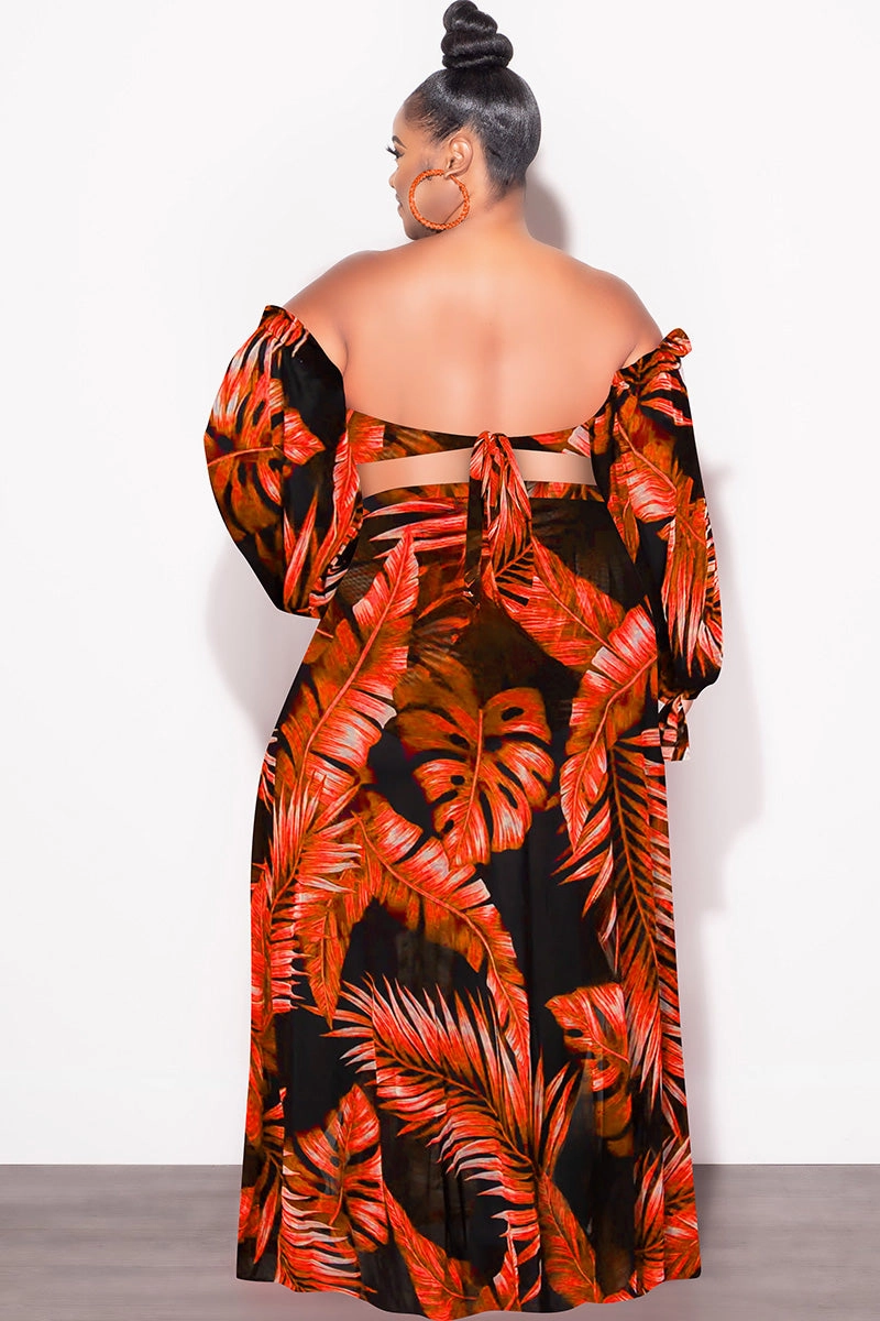 Odor Control Technology Final Sale Plus Size 3pc Playsuit Set in Burnt Orange Tropical Palm Print