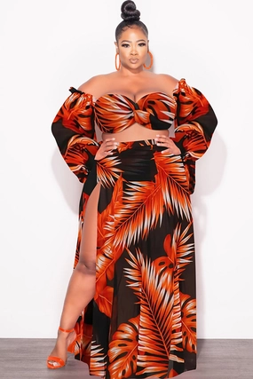 Final Sale Plus Size 3pc Playsuit Set in Burnt Orange Tropical Palm Print Ultra Soft WaterRepellentCoating