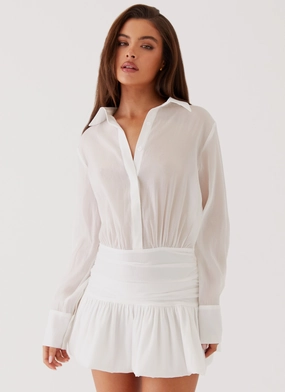 Rae Long Sleeve Shirt Dress - White Beaded-Sleeve