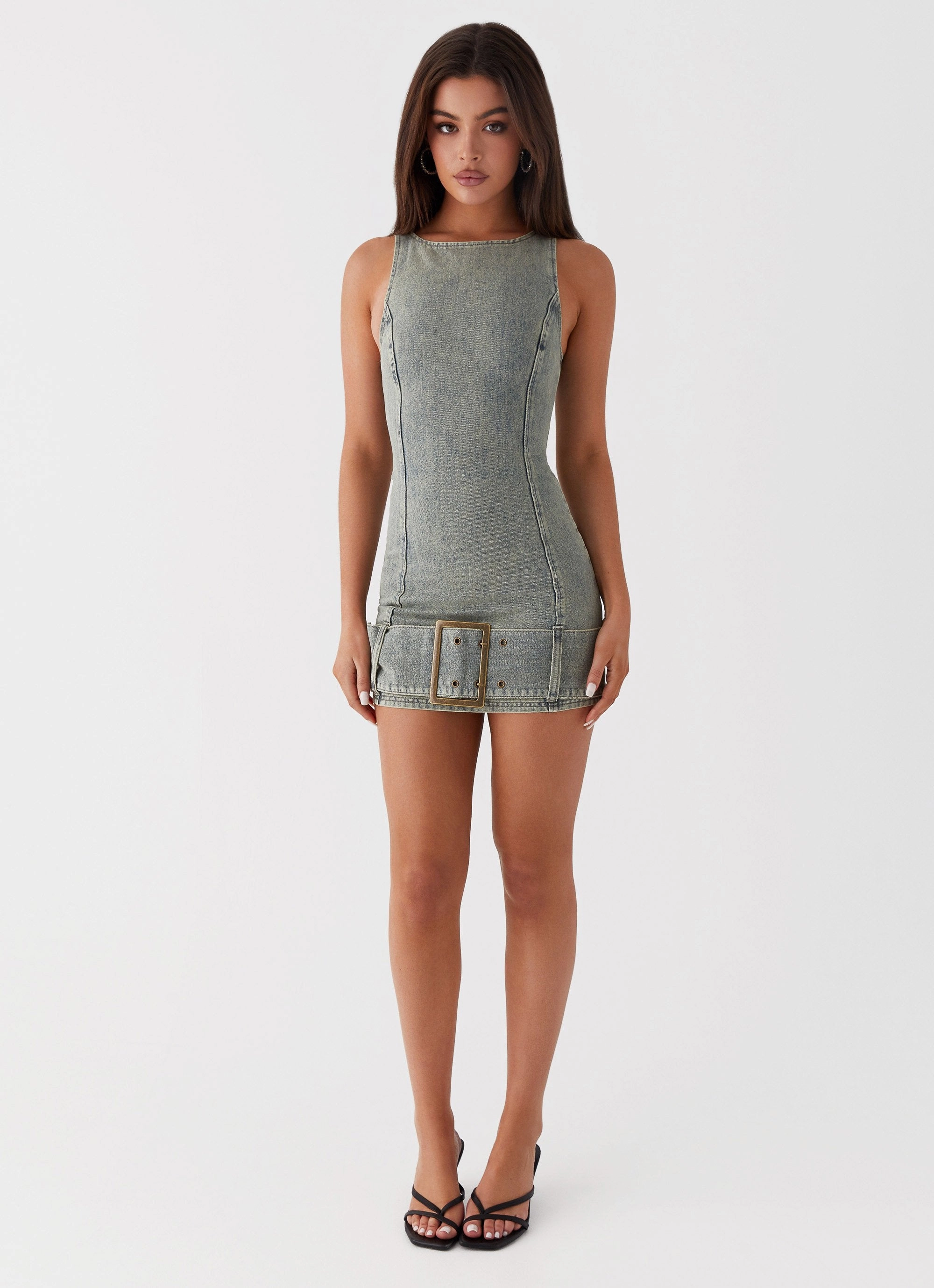 Side Tie Cozy Energy Dark Matter Mini Dress - Washed Denim