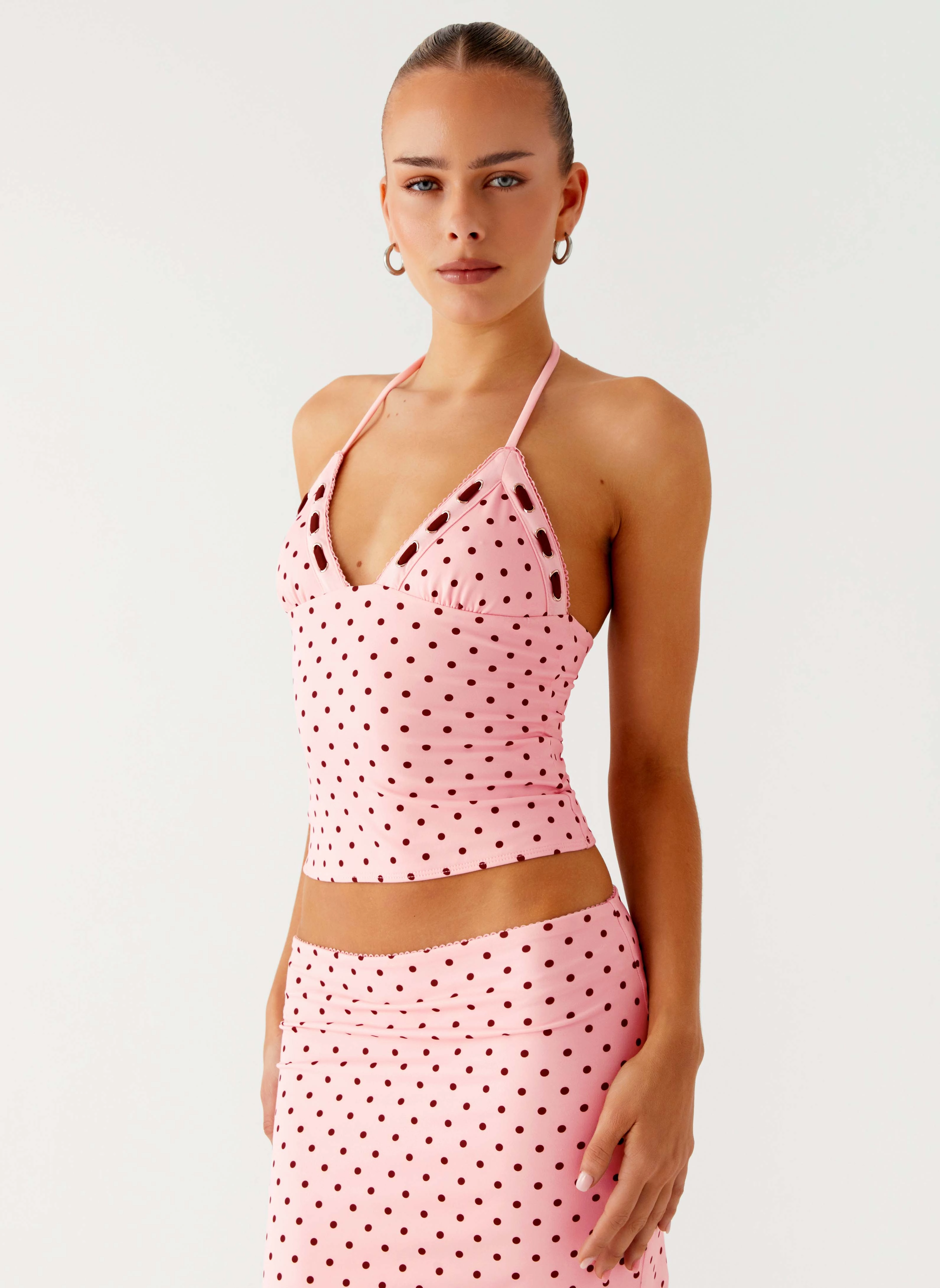 Bahama Eyelet Lace Up Top - Strawberry Dot Insulated Padding High Collar Style