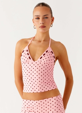 Bahama Eyelet Lace Up Top - Strawberry Dot Detachable Lining