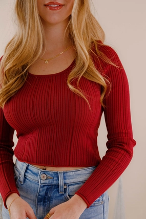 Sweet Sentiments Ribbed Top-Burgundy Reinforced Hem Wrinkle Resistant Weave